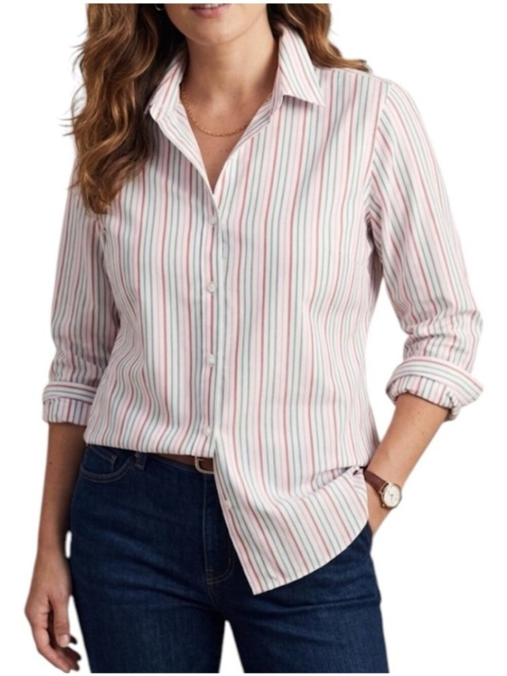 Lands End Multicolor Striped No Iron Button Down Preppy Business Shirt Size 14